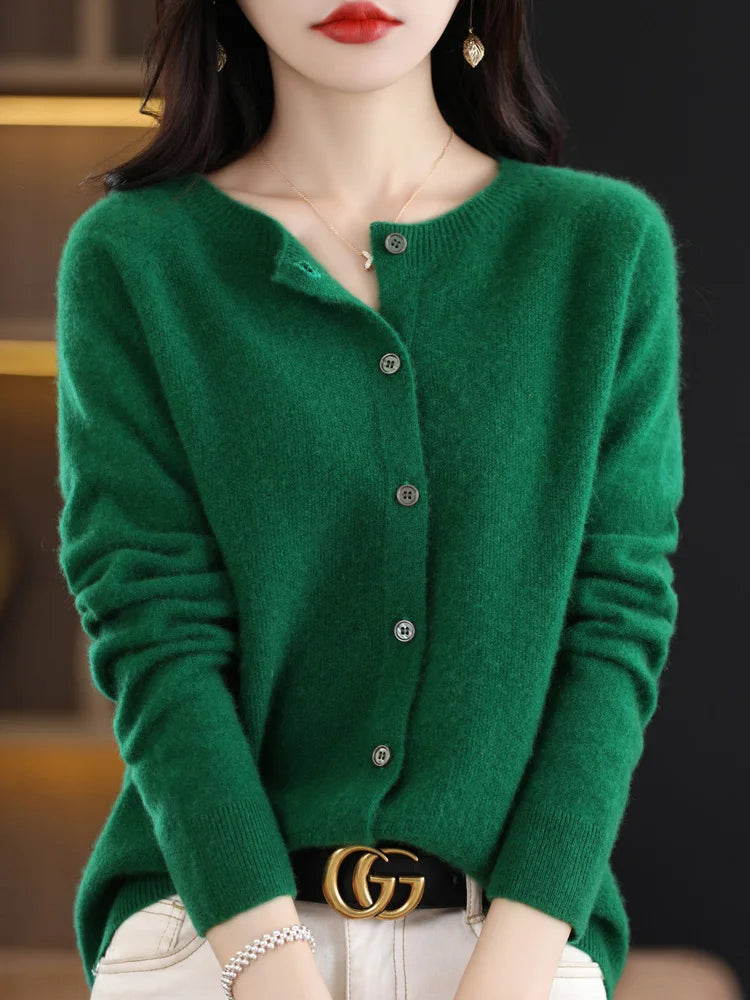 Green button front knit cardigan with belt