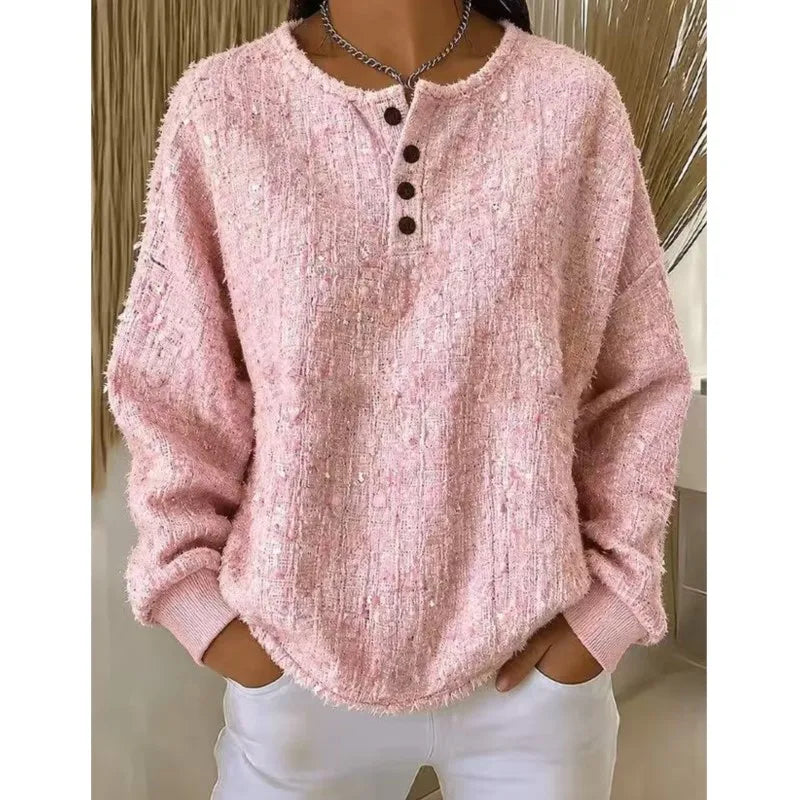 Pink textured button henley sweater front view