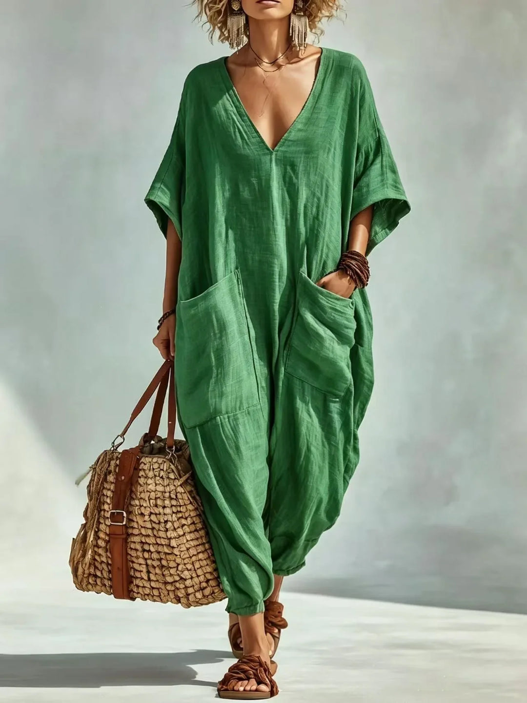 Harper V Neck Linen Blend Pocket Romper