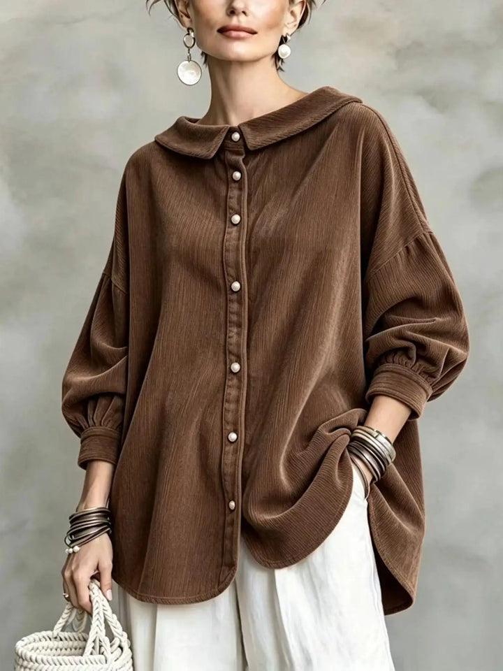 Coffee brown blouse close up showing collar and button detail