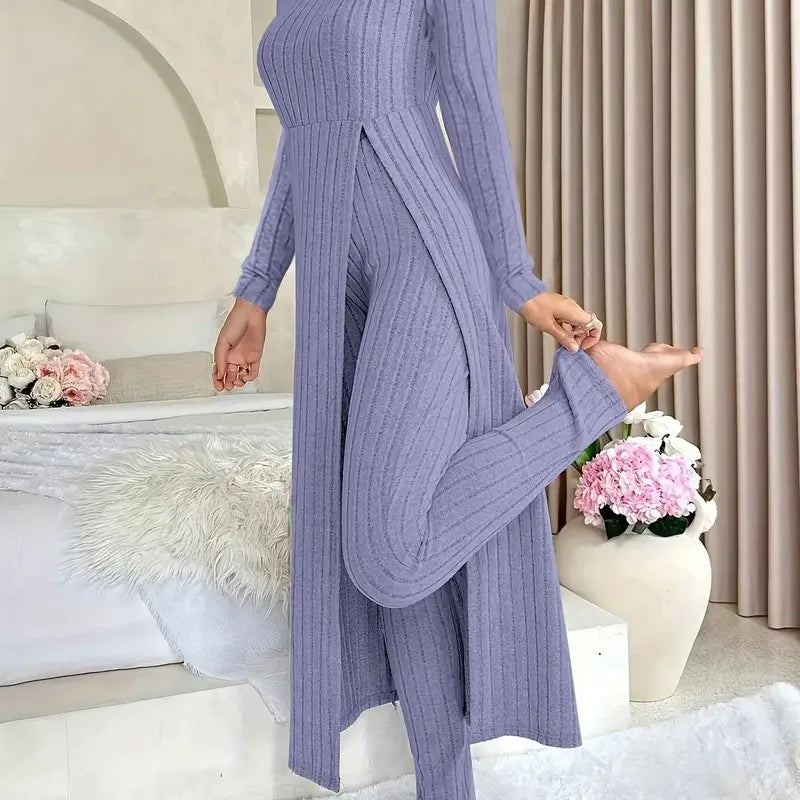 Woman wearing purple ribbed long slit two piece loungewear set