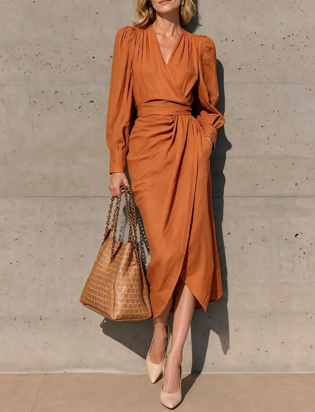 Orange wrap dress with tie waist and tulip hem