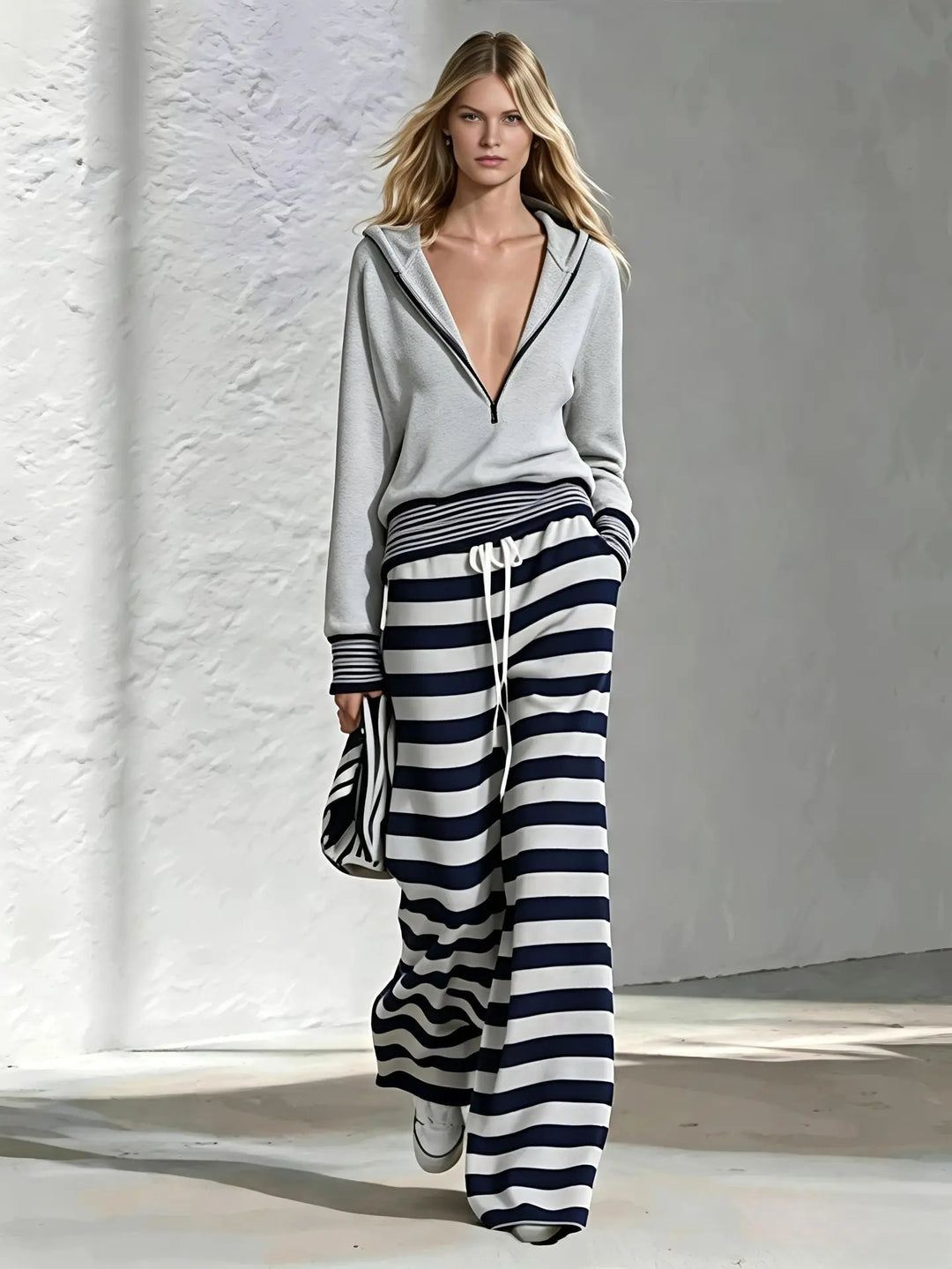 Gray half-zip hoodie with navy and white striped wide leg pants, front view