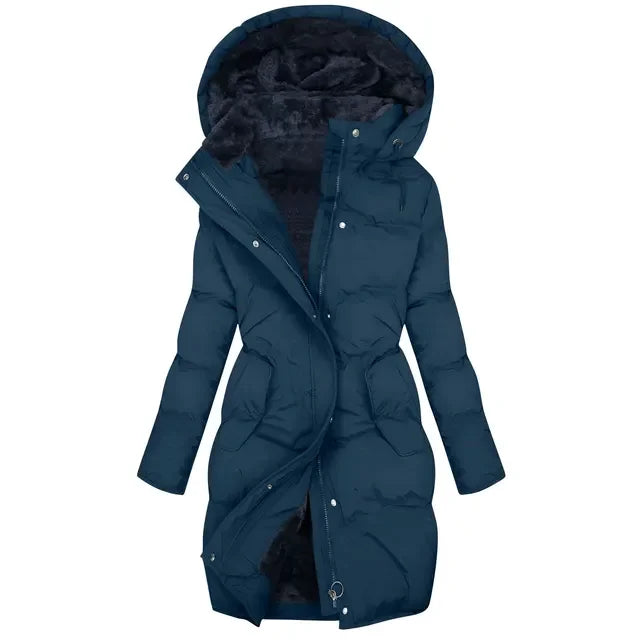 Navy blue quilted hooded puffer coat