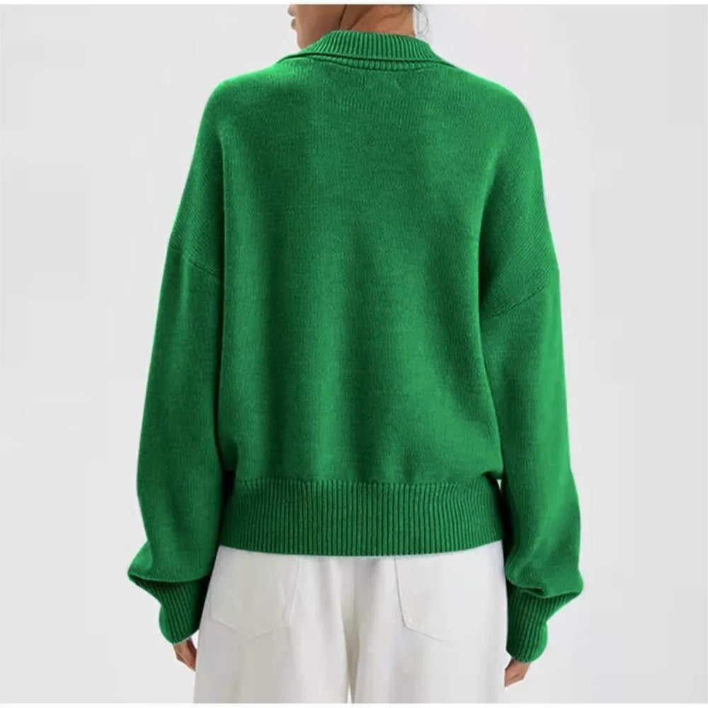 Green polo collar sweater back view