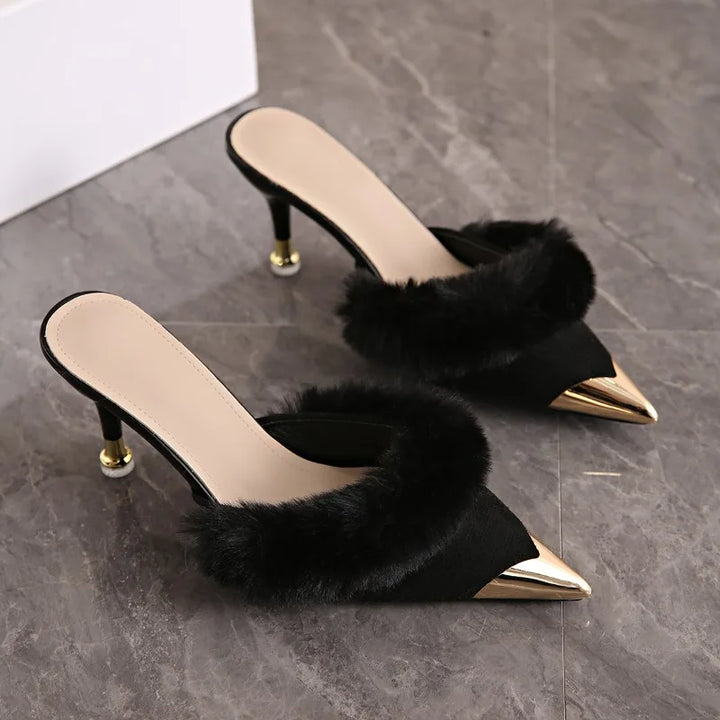 Black faux fur trim pointed toe stiletto mules