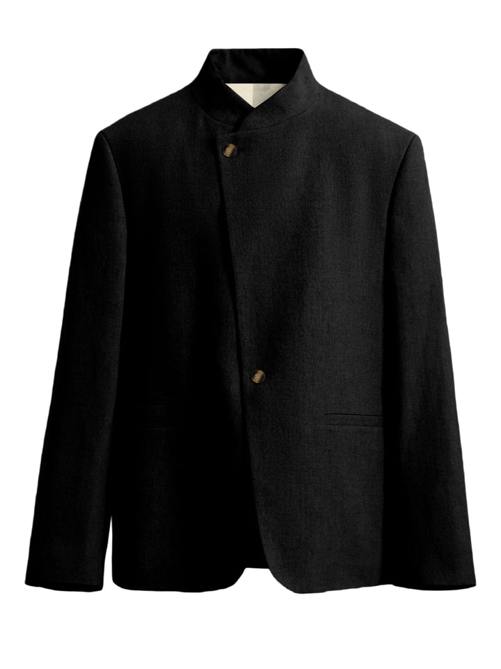 Black mandarin collar blazer with asymmetric button front