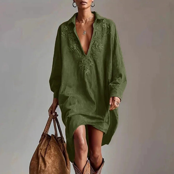 Dark green embroidered V-neck shirt dress, front view