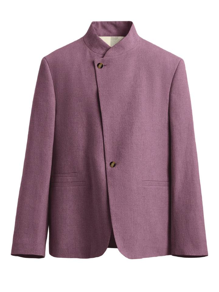 Purple mandarin collar blazer with asymmetric button front
