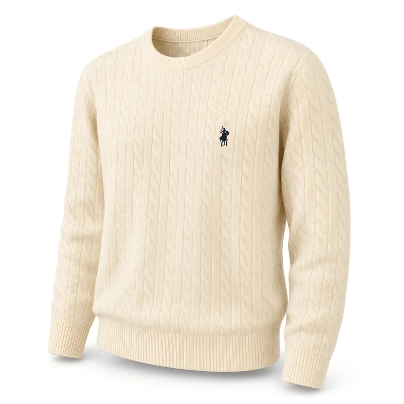 Cream cable knit crew neck sweater, front flat lay