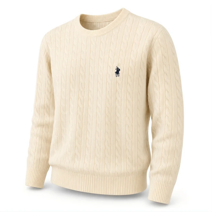 Cream cable knit crew neck sweater, front flat lay