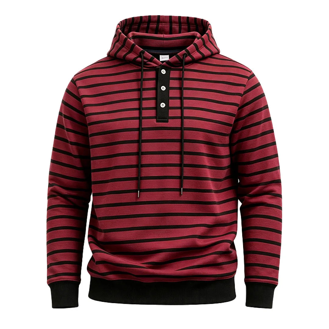 Men's red striped pullover hoodie, front view