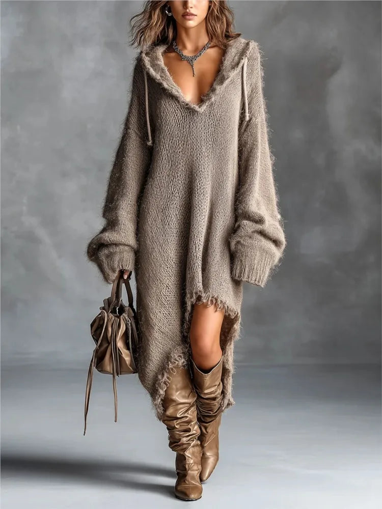 Woman wearing khaki hooded sweater dress with frayed asymmetric hem, front view