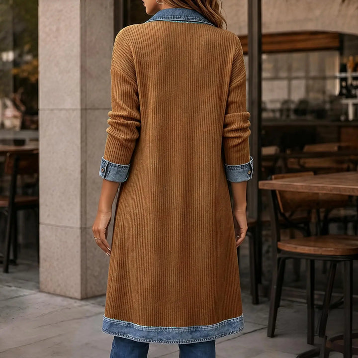 Back view of brown ribbed knit long cardigan coat with denim hem trim