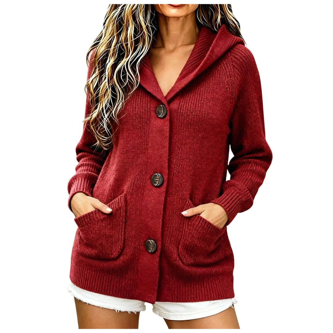 Close view of red hooded cardigan with patch pockets