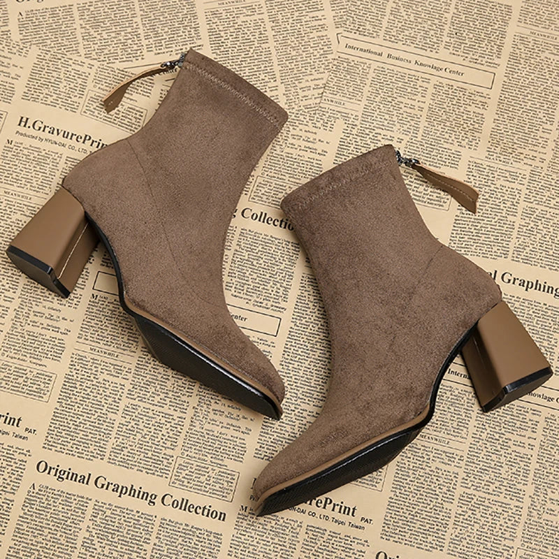Khaki suede-look ankle boots shown from above at an angle