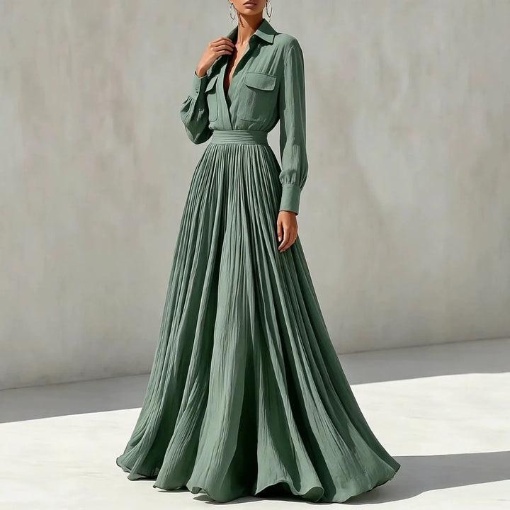 Green crinkled maxi shirt dress, upper body detail