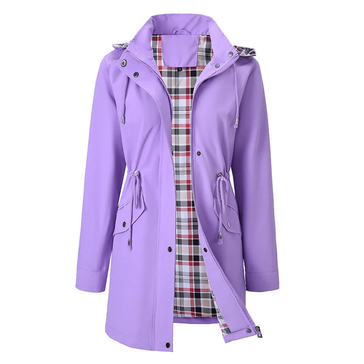 Purple hooded rain jacket with plaid lining, front view