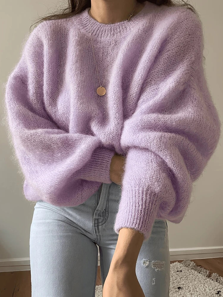 Purple fuzzy oversized pullover sweater, front view