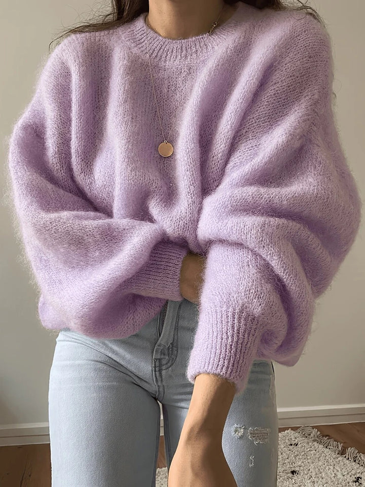Purple fuzzy oversized pullover sweater, front view