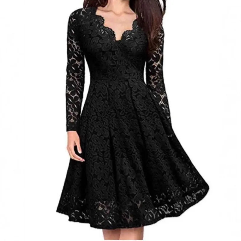 Black lace A-line dress, front view