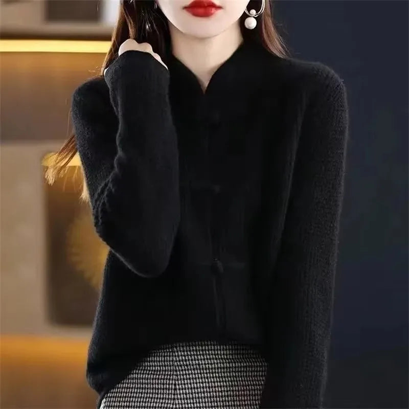 Black knit cardigan with stand collar and buttons