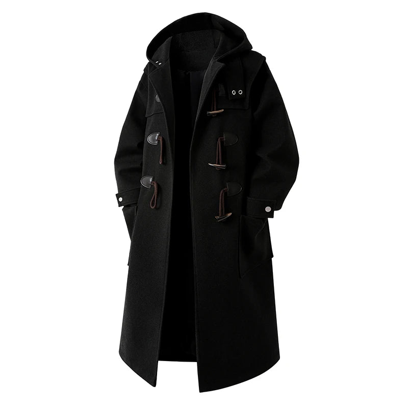 Black hooded duffle coat with horn toggle buttons, front view