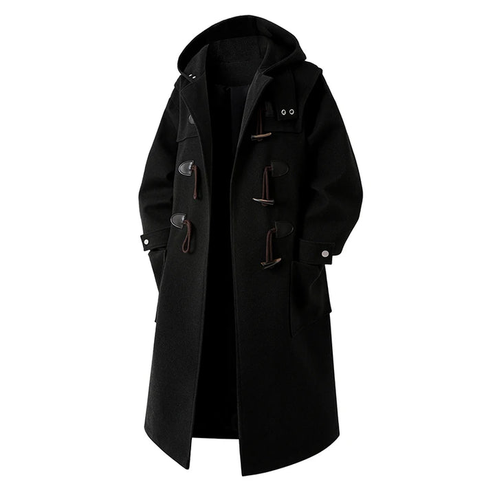 Black hooded duffle coat with horn toggle buttons, front view