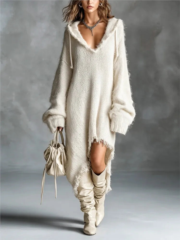 White hooded sweater dress, front view