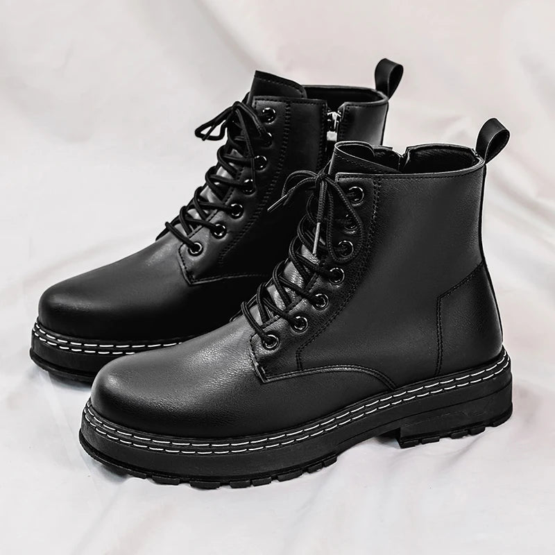 Black lace-up combat boots side view pair