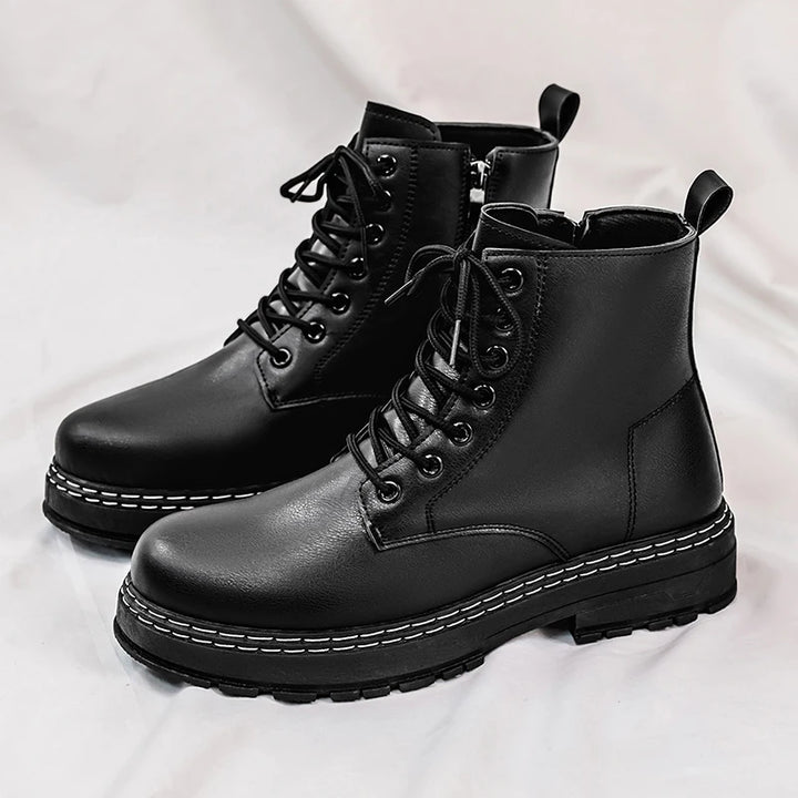 Black lace-up combat boots side view pair