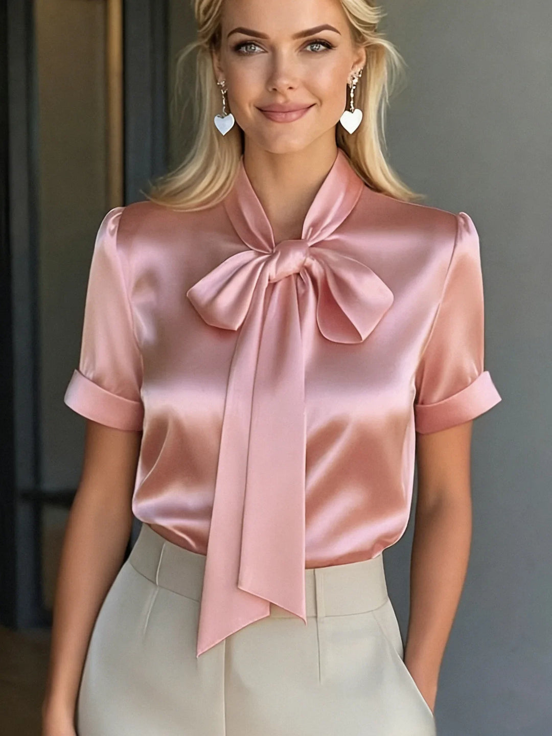 Elarae Soft Satin Bow Tie Blouse