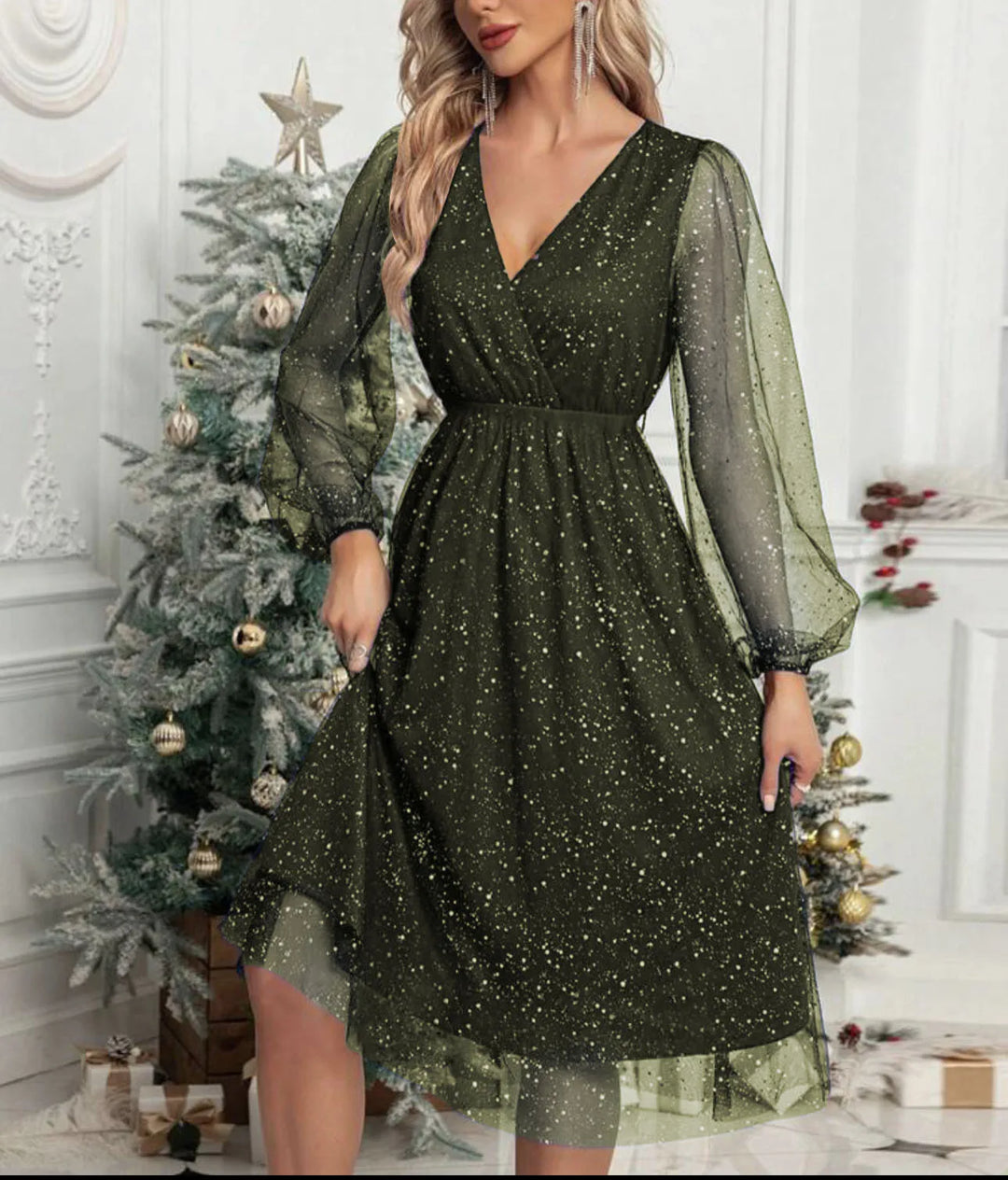 Woman wearing army green glitter mesh wrap dress with balloon sleeves