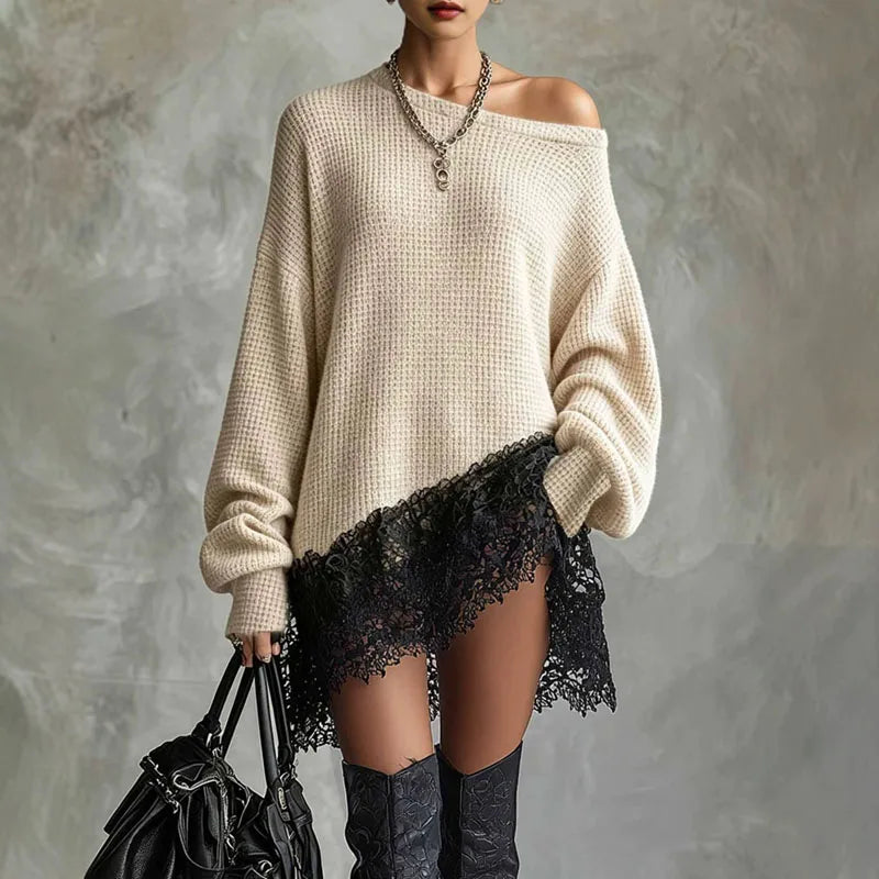 Apricot off shoulder waffle knit sweater dress with lace hem