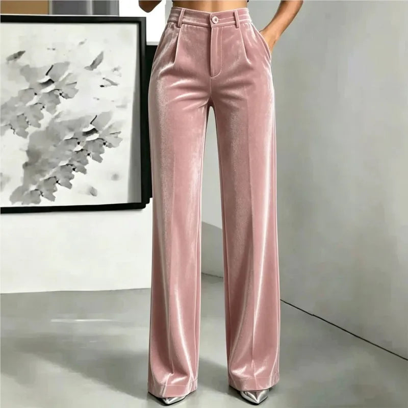 Pink velvet wide leg pants front view