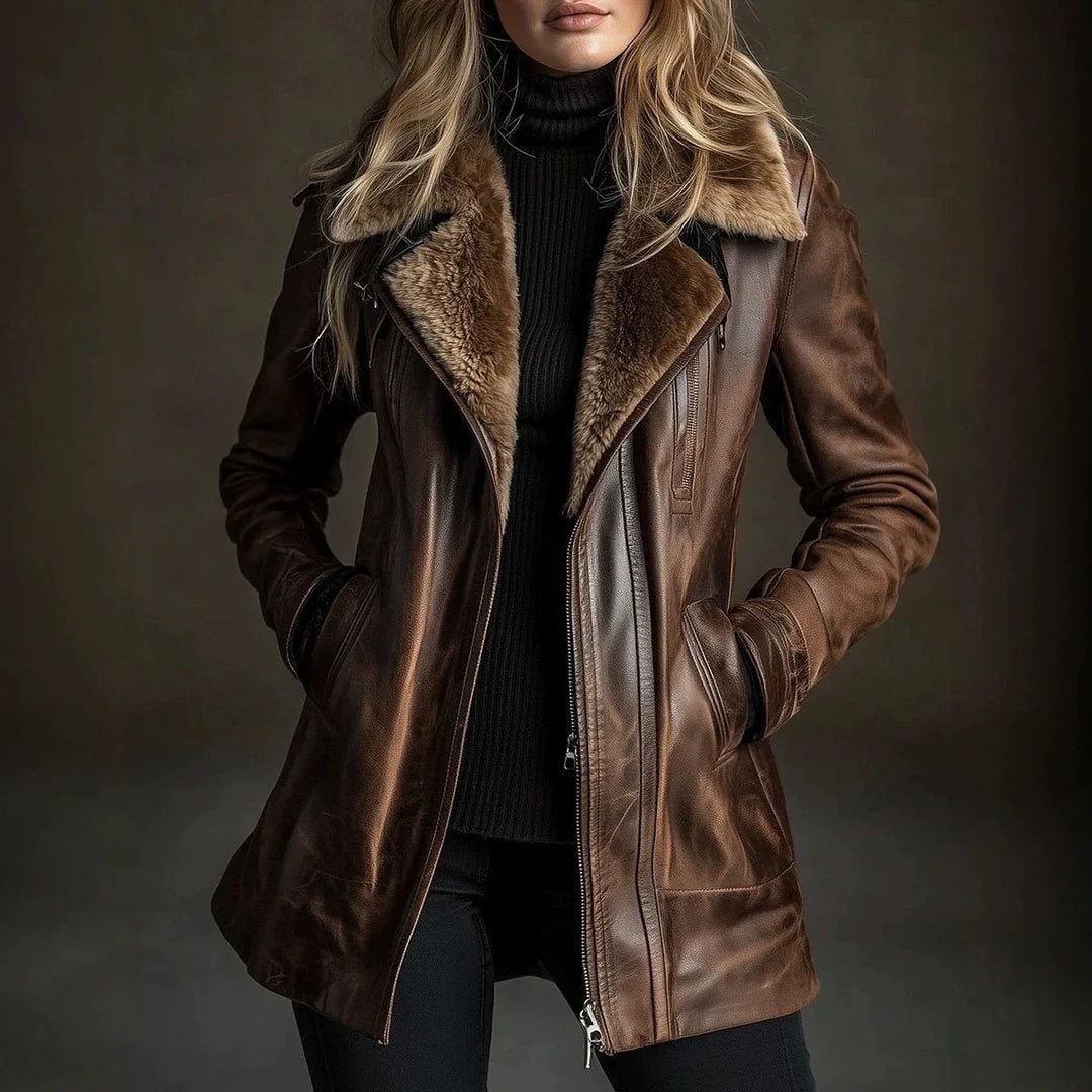 Brown faux leather jacket with fur collar, styled with black sweater