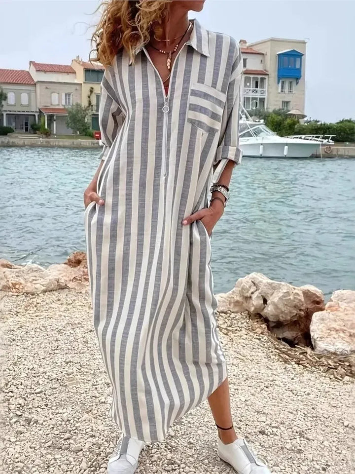 CelesseStriped Maxi Shirt Dress