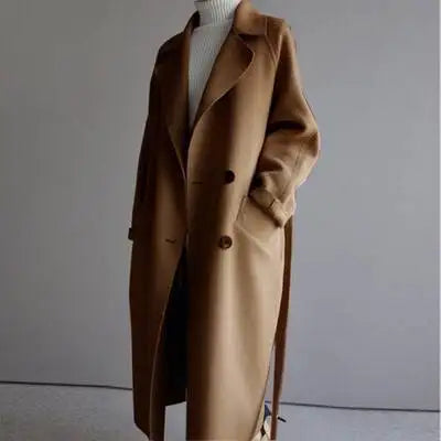 Camel long wool-blend coat with tie waist belt