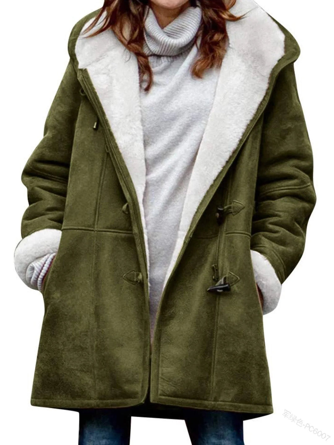 Olive green duffle coat close front view with toggle closures
