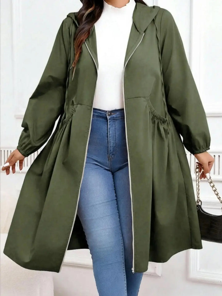 Army green hooded long coat, close front view