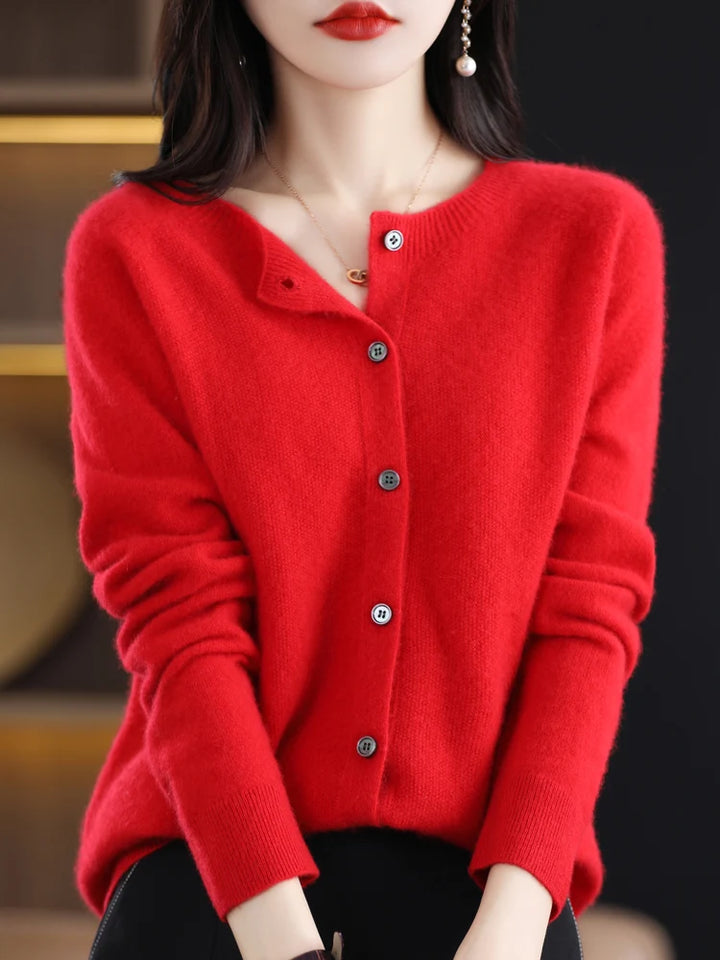 Red button front knit cardigan