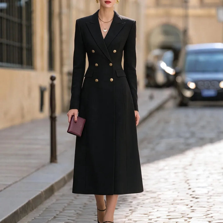 Woman wearing black double breasted blazer midi dress on city street