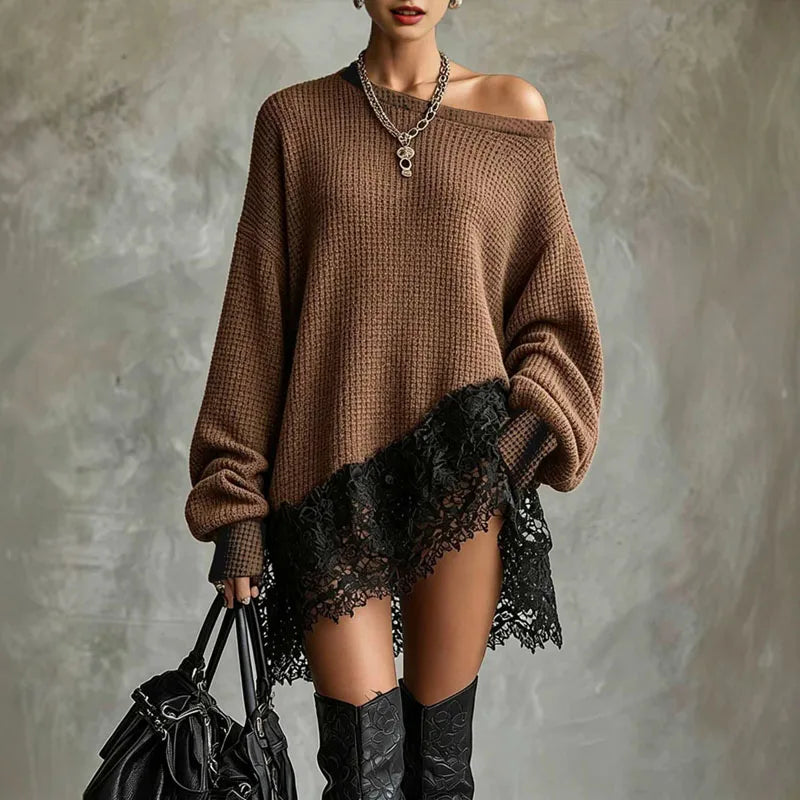 Brown off shoulder waffle knit sweater dress with lace hem