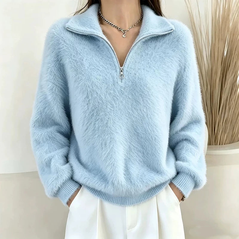 Sky blue brushed knit quarter-zip pullover with turn-down collar, front view
