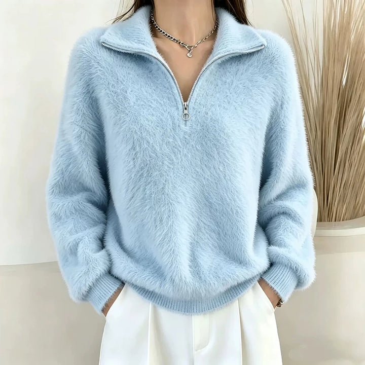 Sky blue brushed knit quarter-zip pullover with turn-down collar, front view