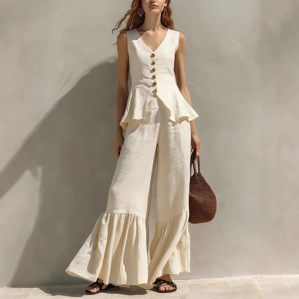 Andrea Ruffle Trim Wide Leg Pants Set