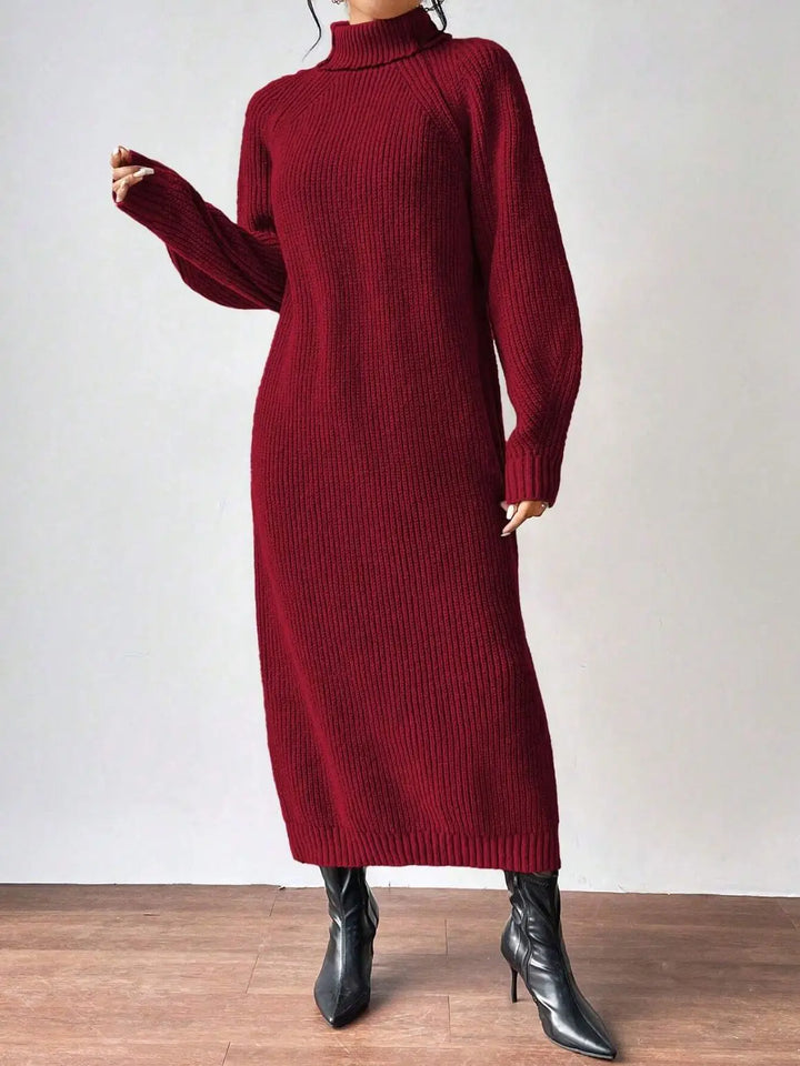 Burgundy ribbed knit turtleneck maxi sweater dress, front view