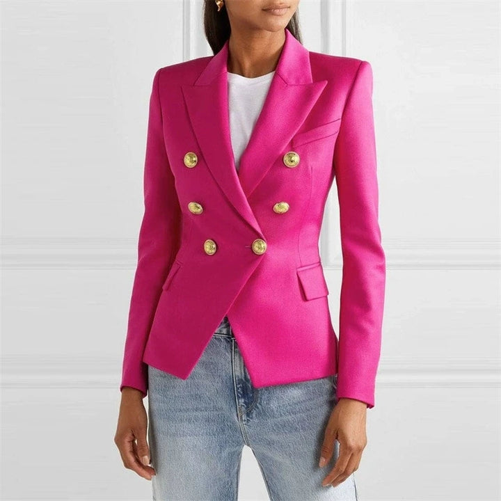 Hot pink double-breasted blazer with gold buttons
