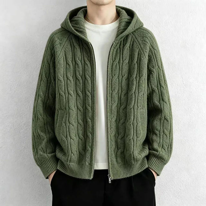 Man wearing grass green cable knit hooded cardigan with front zip