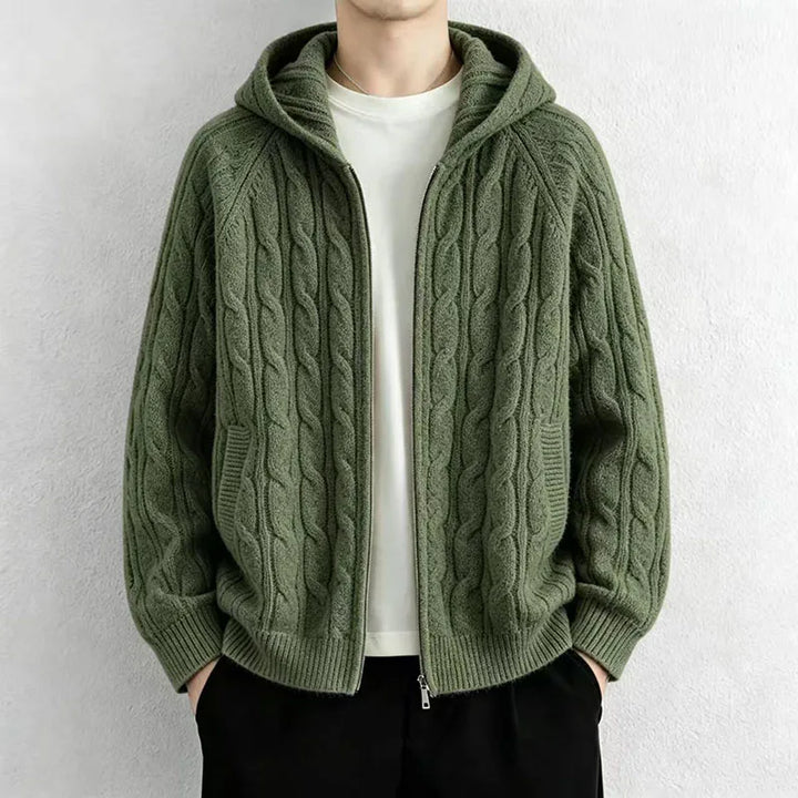 Man wearing grass green cable knit hooded cardigan with front zip
